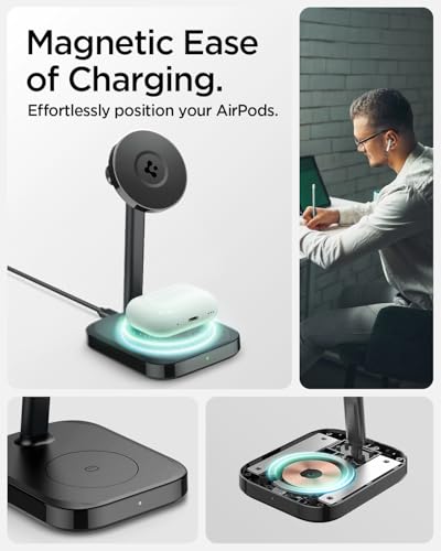 Image of Spigen for Qi2 15w, MagSafe Compatible Wireless Charging Stand for iPhone 17 /16 /15 /14 /13 /12, Pixel 10 Series, Fast Charging, Dual Charging Station, USB-C to C Cable Included (PF2402) - Black