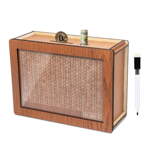 10000 Savings Challenge Box 10 000 Cash Vault Wooden Savings Box for Kids & Adults, Wipeable 10k Savings Challenge Box with Counter, Money Saving Box for Cash Coin, Birthday Piggy Bank Gifts