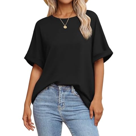 ATHMILE Womens Oversized Baggy T Shirts Loose Fit Crewneck Short Sleeve Summer Casual Blouse 2025 Y2K Tee Tops Black Cover
