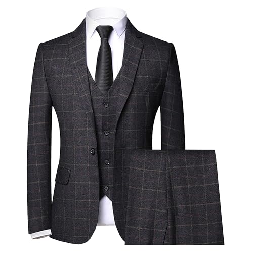 Costume à Carreaux Unique pour Homme Costume à Carreaux Trois pièces Slim Costume de Mariage Officiel 1 Boucle (Noir,TG)