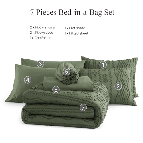 Image of AMBERSPACE Queen Comforter Set Olive Green, Tufted Farmhouse Bedding Boho Bed Set, All Season 7 Pieces Bed in a Bag with Sheets, Pillowcases & Shams