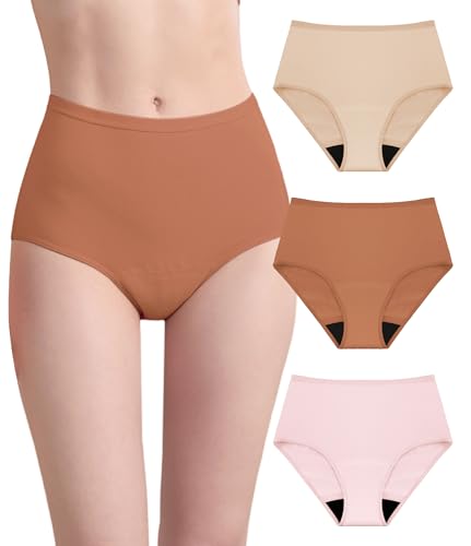 Image of Womens Washable Incontinence Underwear Bladder Leak Proof Odor Control Briefs 56 ml Absorbency Panties 3 Pack (Skin-Brown-Pink, 2XL)