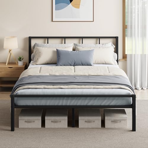 VASAGLE Double Bed Frame 135 x 190 cm with Slats and Headboard Metal Platform Bed Supports Up to 500 kg Easy Assembly Modern Bedroom Furniture Ink Black RMB296B101