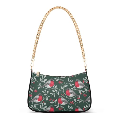 Petit sac à main à bandoulière vert foncé avec motif oiseaux et chaîne chic