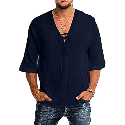 YAOBAOLE Mens Fashion Linen T Shirt Casual Tee Hippie Shirt V-Neck Yoga Top Navy XL Cover