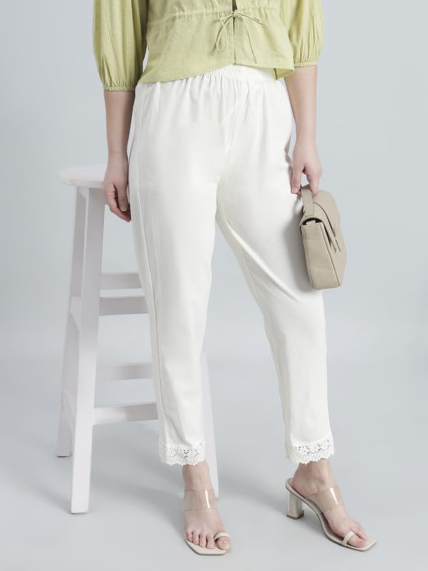 Image of GO COLORS Soft Cotton Lace Pencil Pant Full Length for Women| Mid-Rise, Breathable