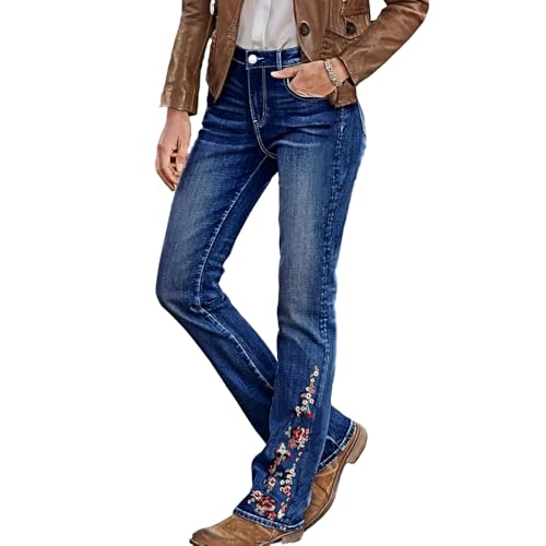 Plus Size High Waist Bell Bottom Jeans for Women Floral Embroidered Stretch Flared Denim Washed Casual