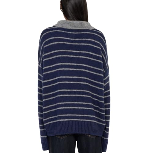 Polo Striped Sweater Women Y2K Long Sleeve V Neck Collared Rugby Jersey Shirt Oversized Button Up Pullover Knit Golf Tops4