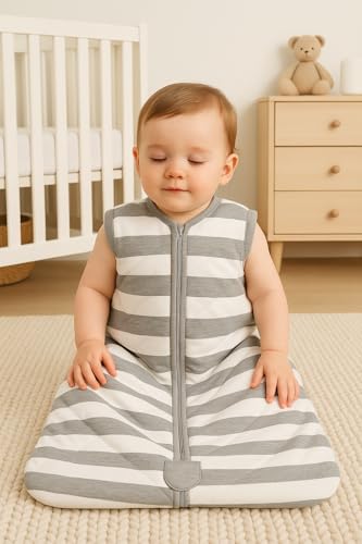 Image of TuddyBuddy Baby Cotton Wearable Quilted Sleeping Bag Blanket 1.5 Tog with 1 Way Zipper Closure | Ideal for Babies & Kids Hypoallergenic Fabrics | (Grey Stripes, 0-6 Months)