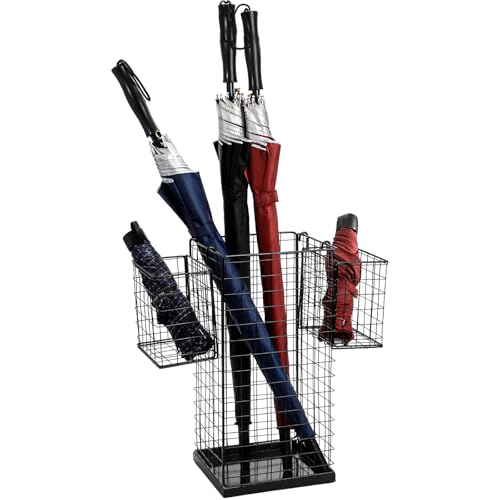 Frcctre Metal Umbrella Holder, Free Standing Square Umbrella Stand Rack for Entryway, 16\" x 8\" x 7\" Metal Grid Umbrellas Organizer Bin with 2 Removable Hanging Baskets, Home, Office, Black