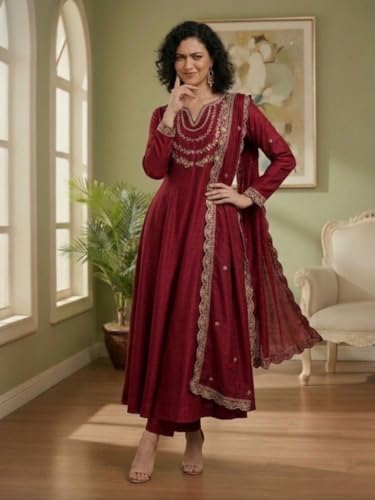 Image of Yashika Women's Silk Blend Embroidered Anarkali Kurta Set with Dupatta | Full Length Ethnic Wear for Women | Wedding