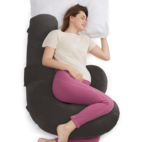 Image of J-Shaped Sleeping Pregnancy Pillow| Removable Velvet Covers| PregnoCare Fibres| Baby Shower Gift, Maternity, Nursing| Full Body Soft-Support Bump, Head, Back, Shoulder, Hips, Legs and Belly (Brown)