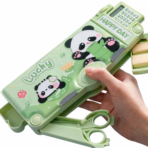 Image of Umadiya Magnetic Multifunctional School Pencil Box with Calculator Cute Cartoon Stationary Large Capacity Compass Geometry Kids Scissor Ruler Eraser Magnetic Box Best Gifts (Panda Calculator)