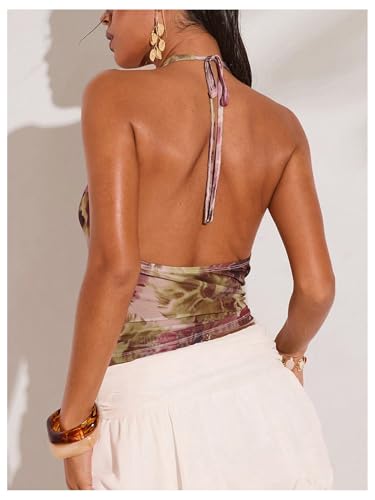 MakeMeChic Women's Sexy Floral Halter Tops Cowl Neck Open Back Going Out Tops2