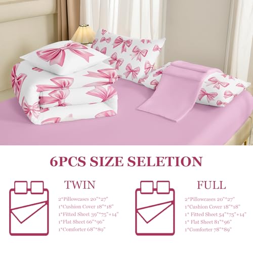 Image of DORCAS Bow Comforter Set Full Bed in A Bag for Girls,6 Pieces Pink Bow Bedding Sets with Sheets for Kids