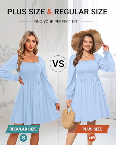 Image of Holipick Women's Casual Square Neck Smocked Dress Shirred Ruffle Puff Sleeve High Waist Cute Flowy A-Line Short Dress