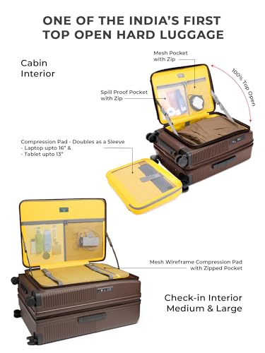 Image of EUME Aerotop Cabin, Checkin Medium & Large Trolley Bag Set of 3 | Space Saving Top Open Suitcase | Expandable Hard Polycarbonate Luggage | TSA Lock, Anti Theft Zipper, Silent Wheels | Espresso Brown