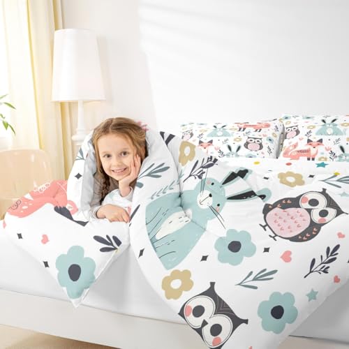 Image of Feelyou Fox Rabbit Owl Comforter Set Toddler Size, Cartoon Fox Comforter for Kids Toddler Cute Rabbit Comforter Set Toddler Size Tropical Kawaii Animal Duvet Set Durable Quilt Set