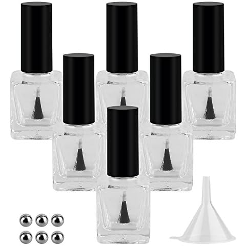GTHER 6PCS 15ML Empty Nail Polish Glass Bottles with Brush Cap & Funnel & Mixing Balls for Nail Art Cover