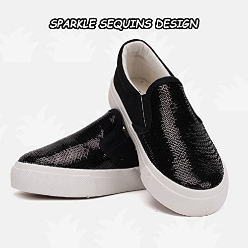Toandon Toddler Girls Canvas Loafer Shoes Slip On Sneakers Boys Kids Sequins Glimmer Glitter Sparkle Low Top Non Slip Rubber Sole Lightweight Breathable Walking Outdoor Fashion Casual Black Size 2 #TOP1