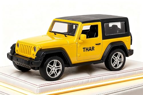 Image of 1:36 Scale Thar Diecast Metal Toy Car - Pullback SUV Model with LED Lights, Sound, Openable Doors - Off-Road Jeep Collectible for Kids Boys Girls Age 3+ Years - Yellow