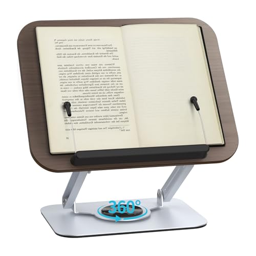 Soporte de libro mejorado para leer, soporte ajustable con bases giratorias de 360°, diseños plegables y clips elásticos, soporte de exhibición multifuncional (B)