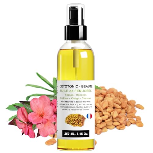 Huile de Fenugrec pour Poitrine, Fesses, Hanches, Acné, Cheveux | 100% naturelle, nouvelle odeur de Rose, bio 250ml