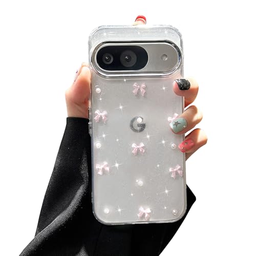 EYZUTAK Case for Google Pixel 9/9 Pro/10/10 Pro, Bling Glitter 3D Bowknot Phone Case Cute Sparkly Crystal Clear Bow Aesthetic Design Cover Soft Durable TPU Transparent Protective Cover-Pink Bow