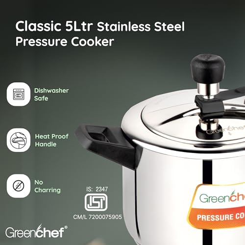 Image of Greenchef Stainless Steel Inner lid pressure cooker 5 litre - Classic, ISI certified, Induction and Gas compatible, Glossy Finish, Triply bottom, 5Year warranty