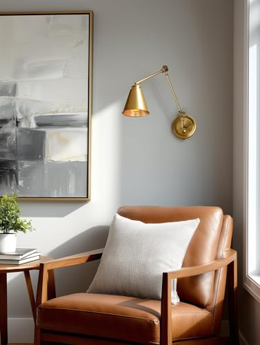 Image of Kira Home Ellis 18 inch Modern Swing Arm Wall Sconce for Bedroom, 2-Pack | Cone Metal Shades, 2-in-1 Plug In or Hardwired Vintage Library Style Gold Wall Lamp, Warm Brass Finish