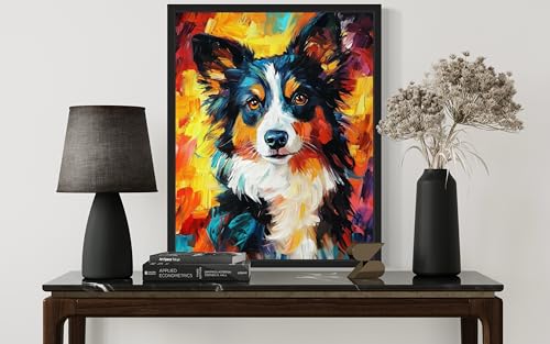 Image of Border Collie Colorful Abstract Black Framed Wall Art Print Poster, Dog Pet Lover Picture Painting Artwork Bedroom Living Room Office Dining Room 150D (Border Collie Colorful Abstract, 10 inchL x 8 inchW, Black Frame)