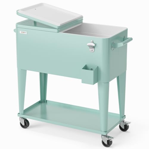 Bonnlo Glacière à roulettes 76 L Frigo de Jardin ou Camping avec Bouchon de Décapsuler l'Ouvre-Bouteille et l'Attrappe-Capsule Chariot Frigorifique pour Patio Jardin Terrasse Vert Menthe