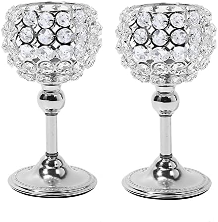 Silver Crystal Beaded Candle Holder Set of 2 Tea Lights Pillar Candle Holder Dining Table Centerpiece Table Decorations for Living Room Housewarming Valentines Day Gifts for Women (Silver, 2pcs 8")