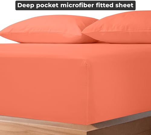 Image of Royale Linens Fitted Sheet King - Ultra Soft 1800 Brushed Microfiber - Hotel Luxury Bottom Sheets - Wrinkle Free & Fade Resistant - Deep Pocket Fitted Sheet Only (King, Coral)