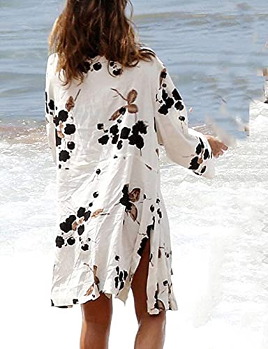 Bsubseach Women Black White Floral Print Rayon Beachwear Cover Up for Swimwear Loose Long Sleeve Beach Kimono Cardigan
