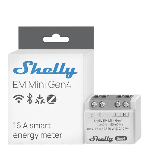 Shelly EM Mini Gen4, Misuratore di Potenza Intelligente WiFi, 1 Canale, 16A, Domotica, Nessun Interruttore a Relè, Monitora il Consumo di Energia in Tempo Reale, Matter, Zigbee, Alexa & Google Home