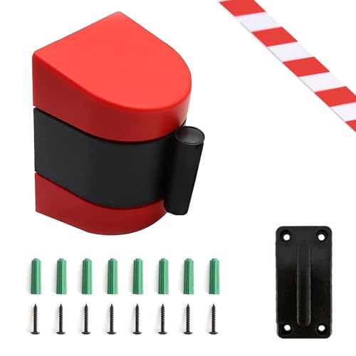 Red Wall Mount Retractable Belt Barrier,6.6/9.8/16.4FT Optional,Queuing Safety Tape Cordon with mounting Accessories,for Playground Park Hotel Crowd Control(A,5M/16.4FT)