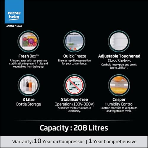 Image of Voltas Beko, A Tata Product 208 L, 5-Star Single Door Direct Cool Refrigerator with Fresh Box Technology (RDC240V / 5W0BBR0M0B00GO, Bonita Blue)
