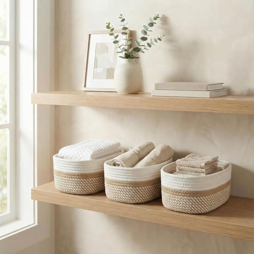 Image of 100% Natural Jute small box mini rope paper storage Round hamper baby nursery tray bucket for Living Kitchen, Office, Drawing Room,fruits, kitchen, office, Set of 3 (white beige 3 set)