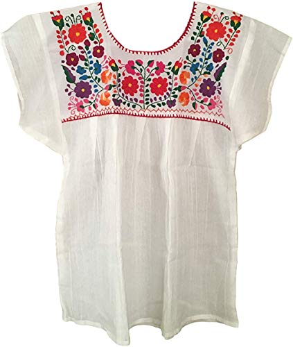 Floral Mexican Peasant Blouse - Authentic Embroidered Blouse - Handmade in Mexico - Blusa Campesina Poblana Mexicana - Poblana White (Medium)