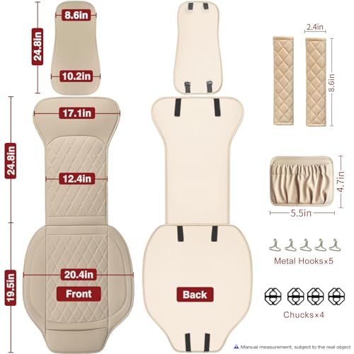 Image of Front Car Seat Covers - Leather Seat Covers with Storage Pocket and Two Belt Pads, Anti-Slip Waterproof Universal Seat Covers for Cars Fit Cars Trucks SUV(Beige,2 Pack)