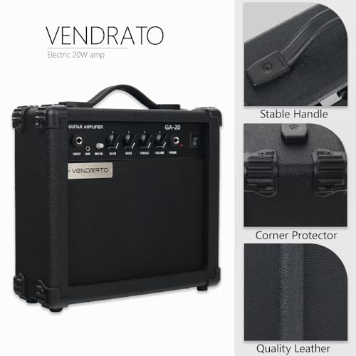 Electric Guitar Amplifier 20w amp Black Color gain bass Treble 3.5mm aux in Drive 6.5mm Guitar Input Headphone Portable for Beginner Starter Practice Travel amp noiseless Cable Pick and Adapter in - Thumbnail 4