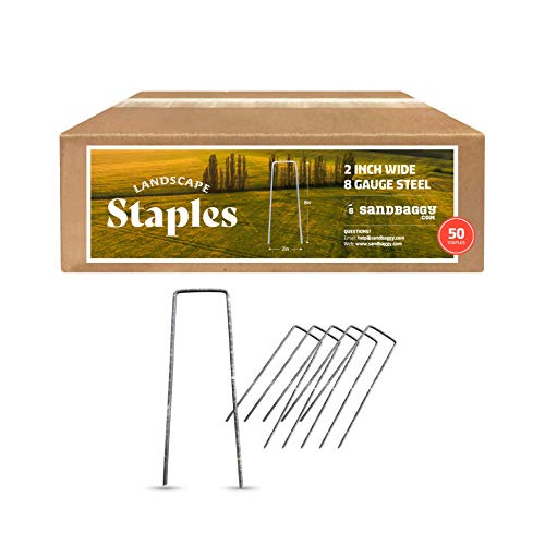 Sandbaggy 8 Inch Long x 2 Inch Wide Extra Wide Landscape Staples | Industrial Grade Fabric Ground Cover Stakes | Designed to Hold Down Drip Tubing & PVC Up to 2 Diameter (50 Staples)