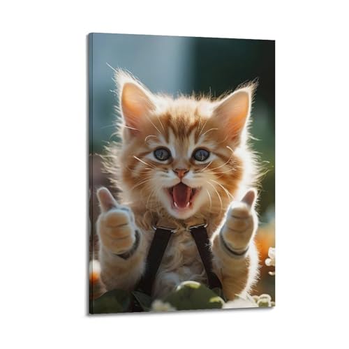 Poster bébé chat mignon pouce levé, toile décorative pour sourire au réveil