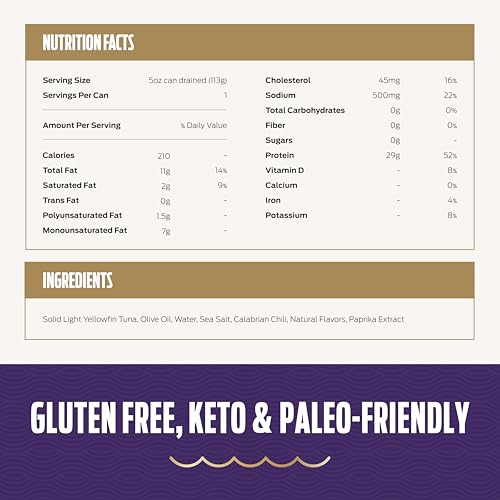 Genova Premium Yellowfin Tuna in Calabrian Chili Infused Olive Oil, 5 Ounce Cans (Pack of 12), Wild Caught Tuna, Solid Light