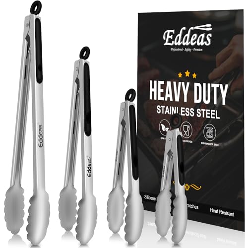 Grill Tongs - BBQ Tongs Heat Resistant 600 Degrees, Heavy Duty Metal, Perfect for Cooking, Grilling, Set of 4, 7",9",12" & 14 inch Black
