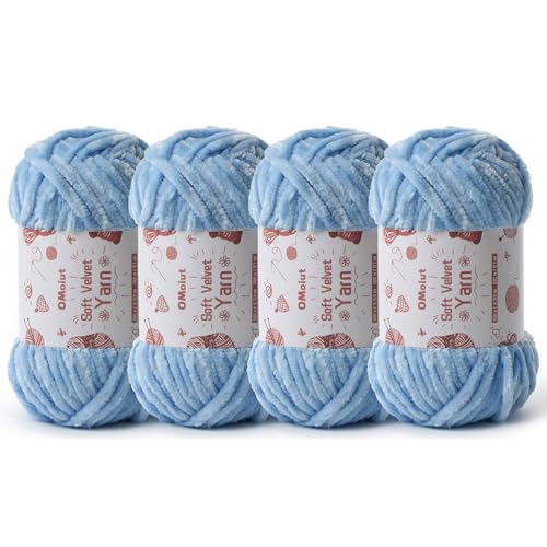 Image of 4x100g Fluffy Velvet Chenille Yarn for Crocheting and Knitting, 4x80m (87.5yd) Baby Yarn for Crocheting Soft, Crochet Chunky Yarns Amigurumi Yarns (4 Azure)