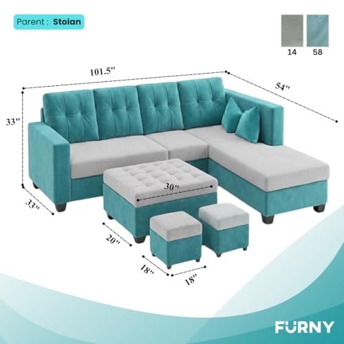 Image of FURNY Nathan 8 Seater L Shape Sofa Set RHS (Sky Blue-Light Grey) | Suede Velvet Finish | Durable Comfort Sofa for Modern Living Room & Office Spaces