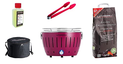 LotusGrill S Small kompaktowy zestaw startowy śliwkowo-fioletowy grill na węgiel drzewny o niskim poziomie dymu z 2,5 kg węgla bukowego, 200 ml pasty do palenia, 1 x szczypce (kolor w magazynie), 1 x