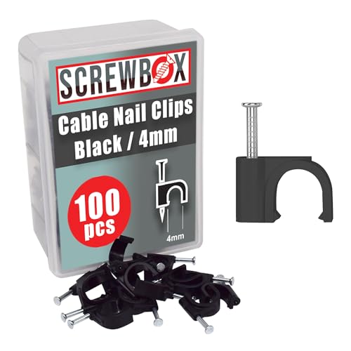 SCREWBOX Cable Nail Clips 4 mm 100 Pcs Nail-In Clips Strong Durable Black Round Cable Tacks Wall Wire Tidy Holder Pins for wood | concrete | plasterboard